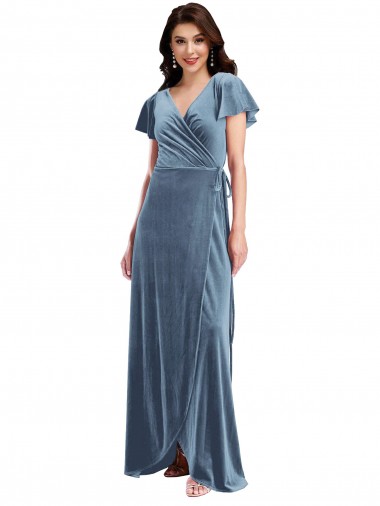 Online Flutter Sleeve Velvet Wrap Maxi Bridesmaid Dress with Pockets