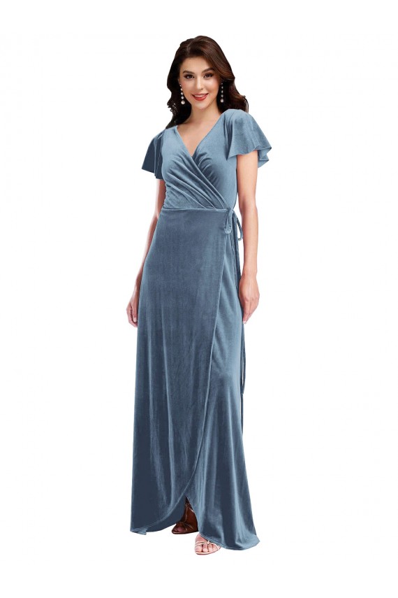 Online Flutter Sleeve Velvet Wrap Maxi Bridesmaid Dress with Pockets