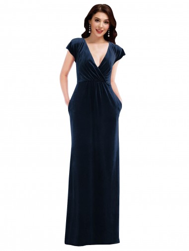 Online Flutter Sleeve Wrap Bodice Velvet Maxi Bridesmaid Dress with Pockets