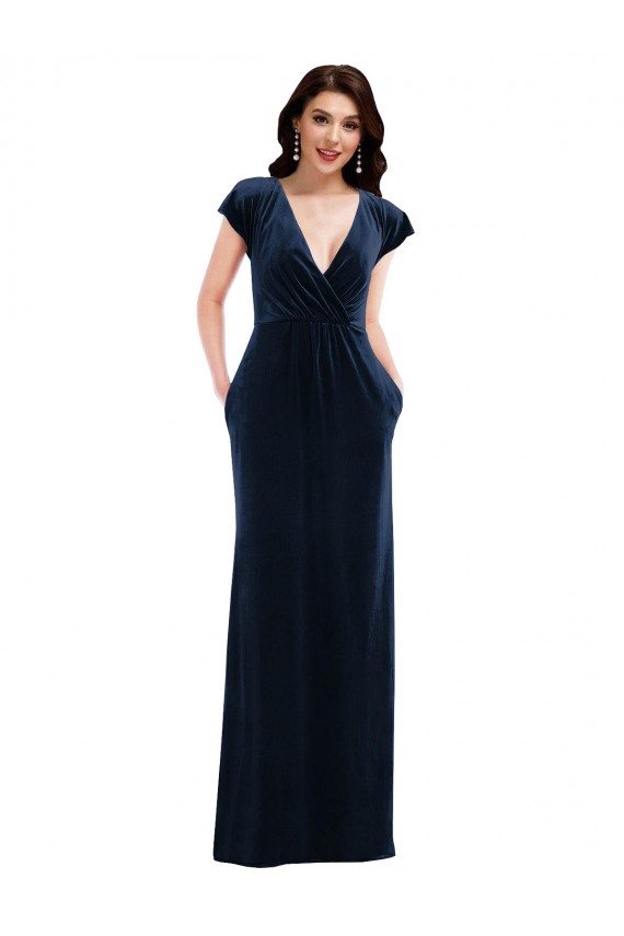 Online Flutter Sleeve Wrap Bodice Velvet Maxi Bridesmaid Dress with Pockets