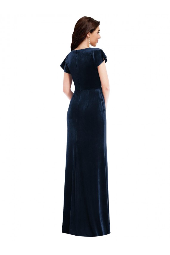 Online Flutter Sleeve Wrap Bodice Velvet Maxi Bridesmaid Dress with Pockets