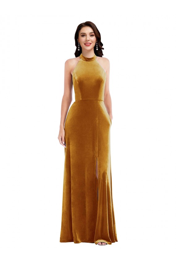 Online High-Neck Halter Velvet Maxi Bridesmaid Dress with Front Slit