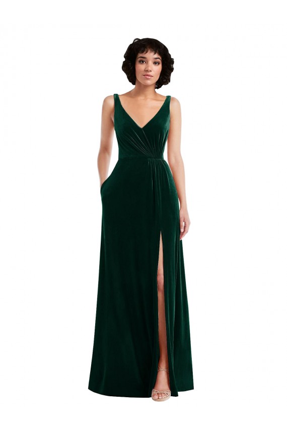 Online Floor Length Velvet Maxi Bridesmaid Dress with Shirred Bodice and Front Slit