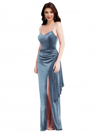 Online Spaghetti Strap Velvet Maxi Bridesmaid Dress with Draped Skirt