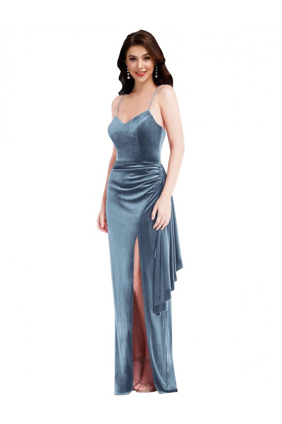 Online Spaghetti Strap Velvet Maxi Bridesmaid Dress with Draped Skirt