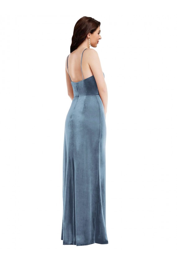 Online Spaghetti Strap Velvet Maxi Bridesmaid Dress with Draped Skirt