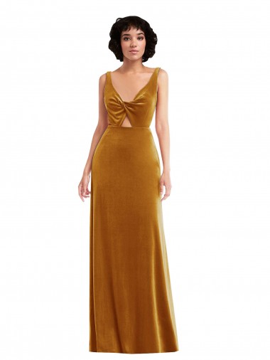 Online Twist Front Cutout Velvet Maxi Bridesmaid Dress with Pockets