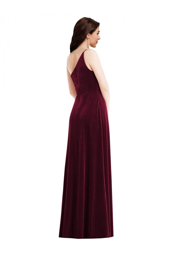Online One Shoulder Spaghetti Strap Velvet Maxi Bridesmaid Dress with Pockets