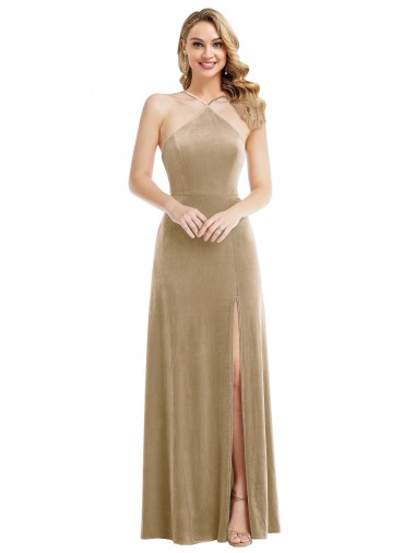 Online High Neck Halter Open Back Long Velvet Maxi Bridesmaid Dress