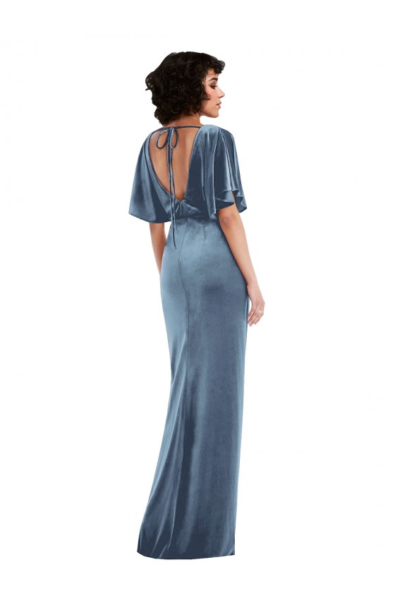 Online Flutter Sleeve Open Back Velvet Maxi Bridesmaid Dress with Draped Wrap Skirt