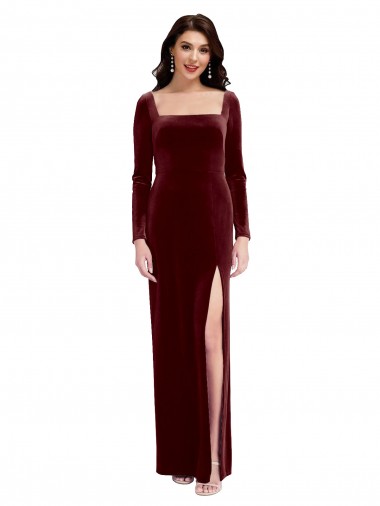 Online Sleek Square Neck Spaghetti Straps Velvet Bridesmaid Dress with Side Slit