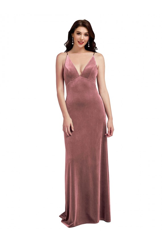 Online Low Scoop Back Long V-Neck Velvet Slip Bridesmaid Dress
