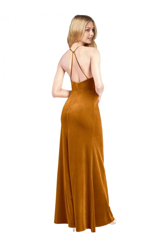 Online Halter Neckline Long Full Length Velvet Bridesmaid Dress with Strappy Back