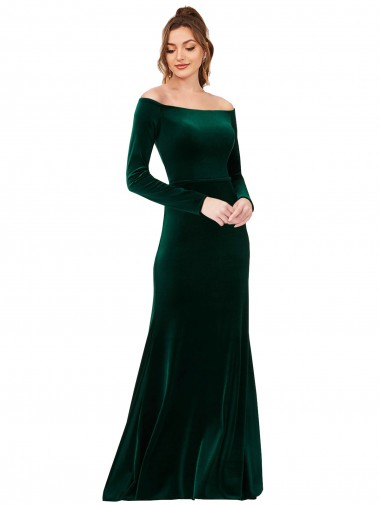 Online Off the Shoulder Long Sleeves Stretch Velvet Bridesmaid Dress