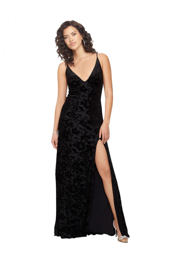 Online V-Neck Cowl Back Floral Velvet Bridesmaid Dress with Front Slit and Deep V-Neck