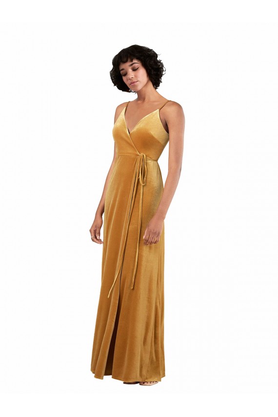 Online Romantic Velvet Floor Length Bridesmaid Dress with Wrap Detail