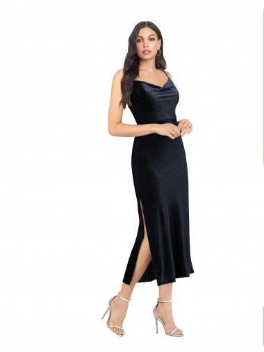 Online Midi Length Velvet Bridesmaid Dress with Cowl Neck and Spaghetti Straps