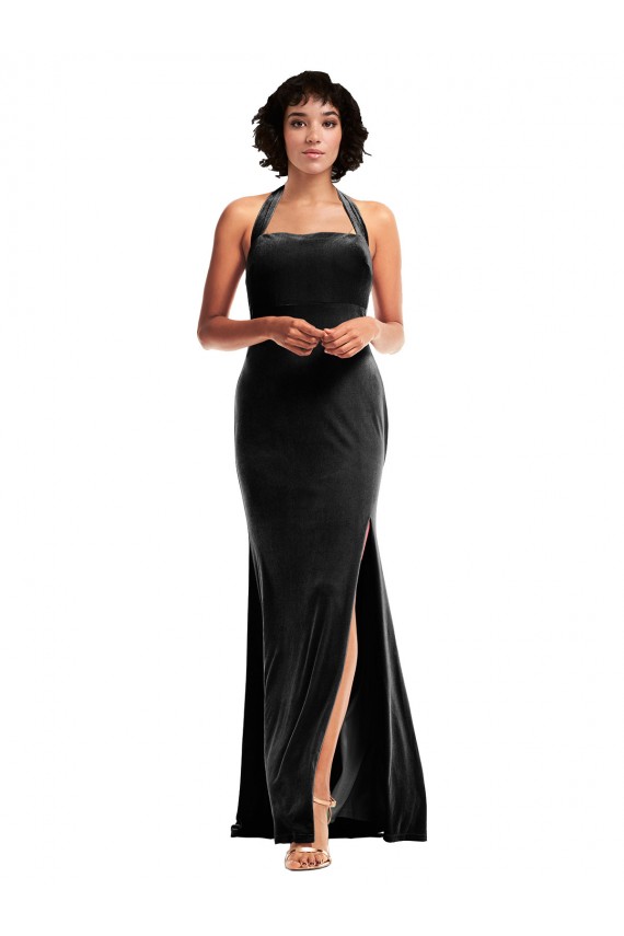 Online Stretch Velvet Empire Bridesmaid Dress with Halter Strap