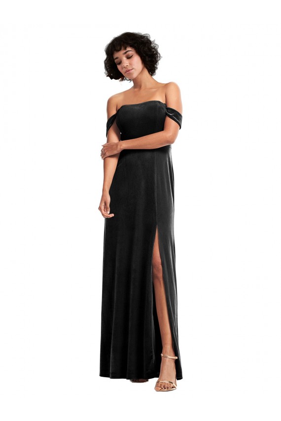 Online Stretch Velvet Bridesmaid Dress with Off the Shoulder Drapped Sleeves