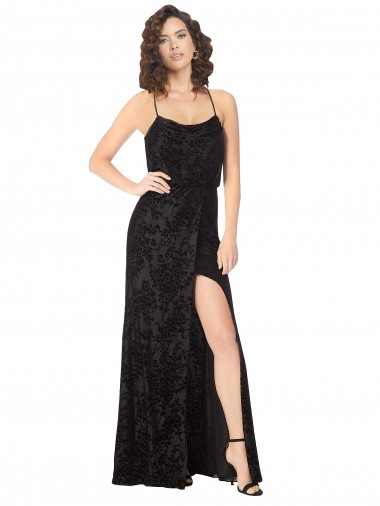 Online Floral Velvet Cowl Neck Bridesmaid Dress with Skirt Slit