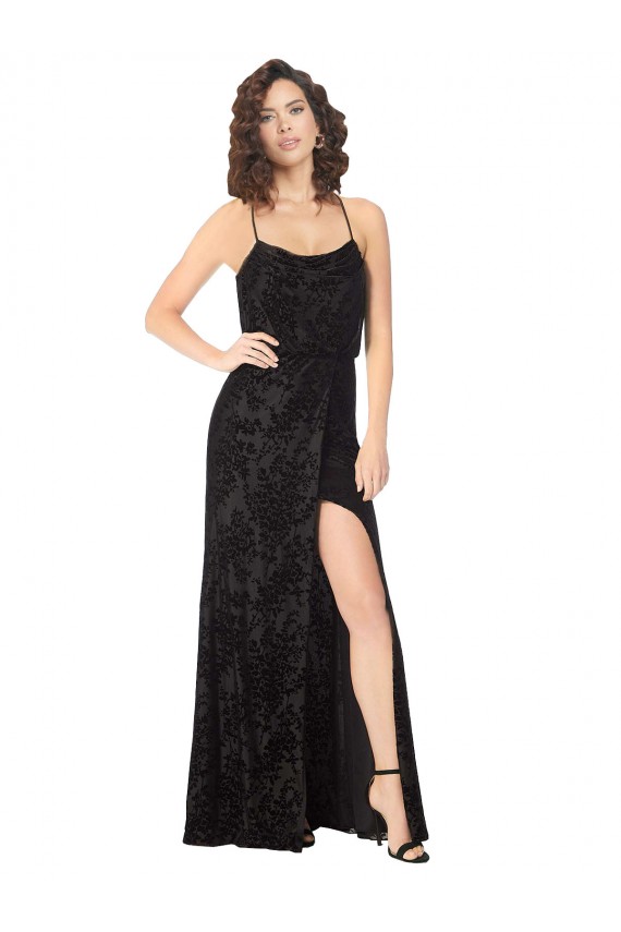 Online Floral Velvet Cowl Neck Bridesmaid Dress with Skirt Slit