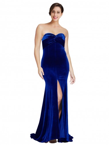 Online Strapless Ruched Velvet Bridesmaid Dress with Sweep Train and Front Slit