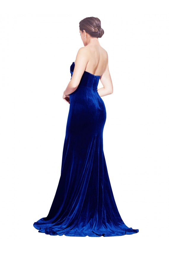 Online Strapless Ruched Velvet Bridesmaid Dress with Sweep Train and Front Slit
