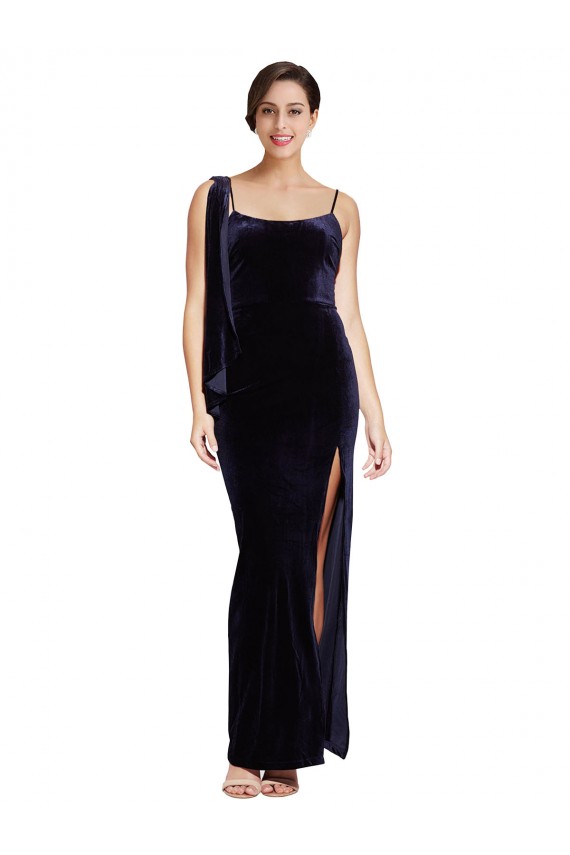 Online Long Velvet Bridesmaid Dress with Side Thigh Split and Shoulder Tie