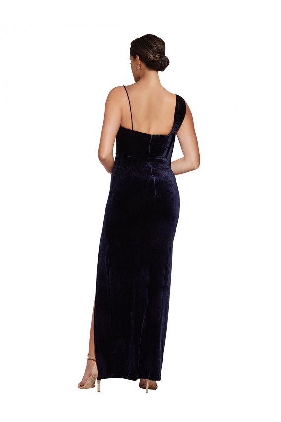 Online Long Velvet Bridesmaid Dress with Side Thigh Split and Shoulder Tie