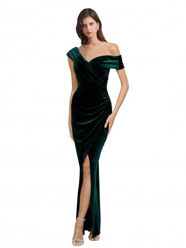 Online Long Asymmetric Neckline Ruched Velvet Bridesmaid Dress
