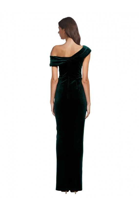 Online Long Asymmetric Neckline Ruched Velvet Bridesmaid Dress